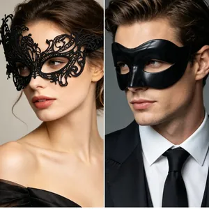 Matching black lace and matte half-face masquerade masks for couples Halloween party