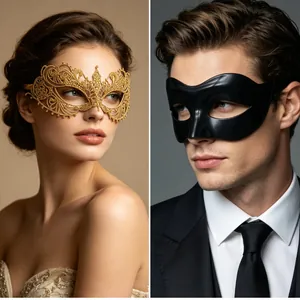 Detail of gold lace embroidery and black matte masks for couples party attire