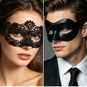 Close-up of elegant black lace and matte masquerade masks for couples on a high-quality model