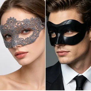Elegant lace masquerade masks for couples featuring intricate hollow patterns and black matte finish