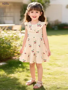 Little Maven Girls Summer Sleeveless Cotton Dress Ruffle Collar Tiered Cherry Print Dress Casual Western Style Kids Clothes