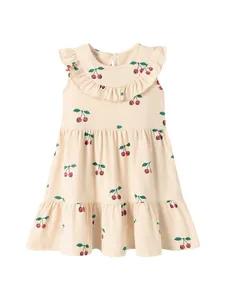 Girls summer dress with cherry print and ruffle collar in creamy white cotton fabric