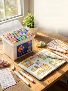 Detailed view of 120 colors dual-tip markers set in a portable clear storage case
