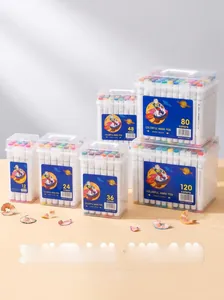 Multiple sets of dual-tip markers in clear boxes, ranging from 12 to 120 vibrant colors