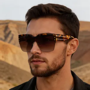 Détail de lunettes de soleil écaillées avec verres dégradés bruns et accents argentés