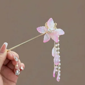 Elegant traditional Chinese style hair stick with pink flower and long pearl tassels