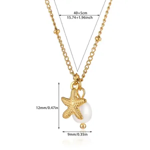 Detailed view showing specific dimensions for the gold starfish and pearl pendant necklace