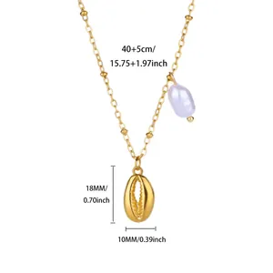 Technical drawing showing exact dimensions of gold stainless steel shell pearl necklace