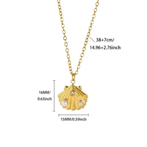 Gold stainless steel shell pendant necklace with pearl details and size dimensions