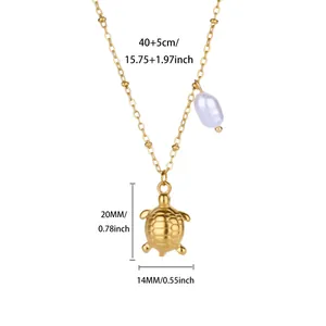 Detailed size measurements of gold turtle pendant necklace with a white pearl charm