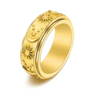 Vintage Stainless Steel Spinner Ring For Men Rotating Sun Moon Star Relief Stress Relief Punk Gold Silver Black Rose Gold Ring