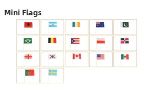 Collection of various national flags made of polyester with white plastic poles for fans