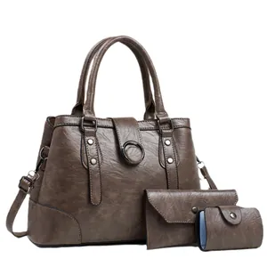 3-piece vintage textured brown tote bag set with matching wallet and round coin pouch