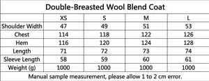 Size chart table for double-breasted wool coat showing detailed measurements and fabric specs