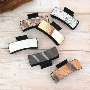 Vintage Western Cowboy Style Faux Pony Hair Pattern Hair Claw Clip For Women Matte Black Plastic Large Rectangle Shark Clip Hair Accessory