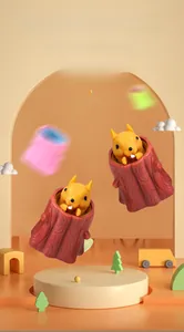 Detail view of a squeeze squirrel toy popping out of a realistic brown tree stump