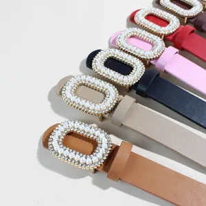 Elegante cintura da donna da 2,8cm con perle e strass in vari colori con fibbia dorata