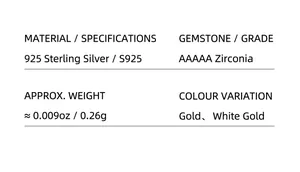 Tableau des spécifications pour clous en argent S925 avec zircone AAAAA en or et or blanc
