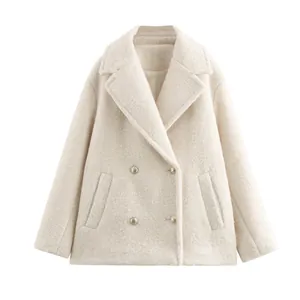 Women's cream white double-breasted wool coat with lapel collar and metal buttons