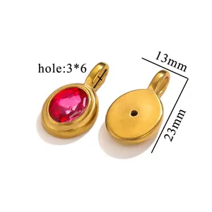 Detail view of 13x23mm pink stone oval pendant with stainless steel frame and dimensions