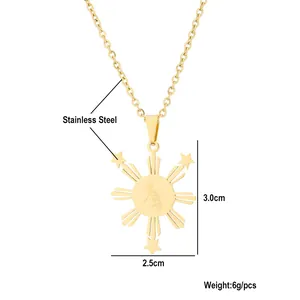 Détails du pendentif soleil philippin en acier doré avec dimensions et poids précis