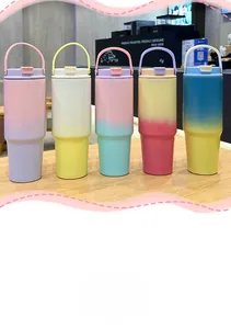 Detailed row of five gradient stainless steel insulated tumblers with carry handles