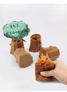 Macro shot of a stress relief squirrel cup toy popping out from a stump when squeezed