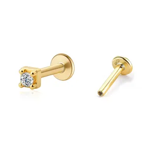 Puces d'oreilles en argent S925 doré avec zircon blanc dans un serti griffes carré