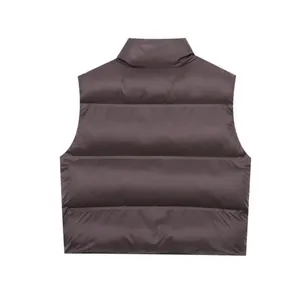 Deep brown sleeveless quilted vest with stand collar and matte finish, back view