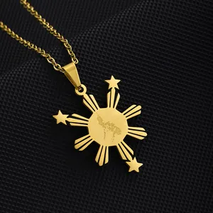 Collier en acier titane doré avec pendentif soleil et carte des Philippines unisexe