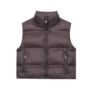 Fashionable dark brown sleeveless puffer vest with stand collar and quilted design