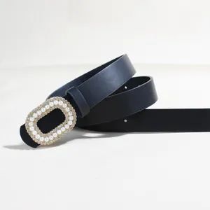 Elegante cintura in pelle da 2,8cm con fibbia in perle e strass per jeans e vestiti da donna