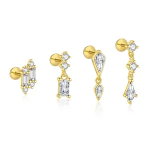 Set mit vier S925 Sterling Silber Gold Ohrringen mit klaren Zirkoniasteinen