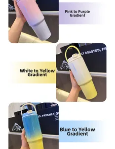 Detailed view of three 30oz gradient vacuum insulated tumblers with handles and straws