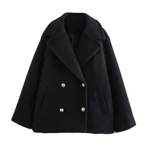 Classic navy double-breasted short coat with gold embossed buttons and notch lapels