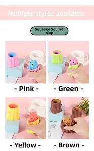Squeeze squirrel cup stress relief toy in four assorted colors with pop-up mechanism