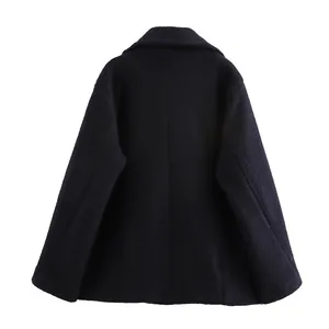 Back view of a classic double-breasted wool blend coat with elegant A-line silhouette