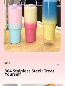 Detail of 304 stainless steel tumblers with gradient colors and portable handle lids