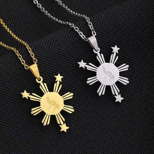 Collier Pendentif Soleil Carte des Philippines en Acier Inoxydable Plaque Or Argent Bijoux de Mode pour Hommes Femmes