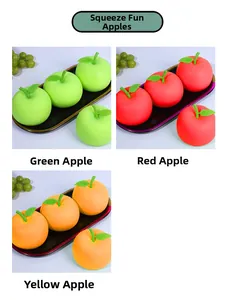 Detail view of realistic squeeze apple stress toys in green, red, and yellow colors