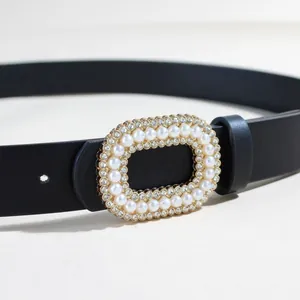 Cintura donna nera da 2,8cm con fibbia rettangolare dorata, perle e strass luccicanti