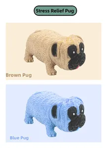 Detailed view of elastic squeeze pug stress toys in brown and blue colors