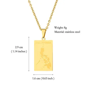 Vue détaillée du collier pendentif carte des Philippines en acier inoxydable doré gravé