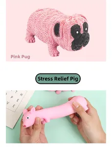 Pink pug and stretching pig squishy toys showing elastic silicone stress relief features