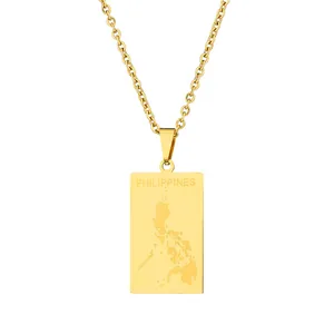Détail du collier en acier inoxydable doré avec pendentif gravé de la carte des Philippines