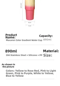 Detailed size chart for 30oz gradient stainless steel insulated travel mug with 890ml capacity