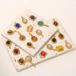 Vintage stainless steel oval and geometric natural stone pendants in gold finish