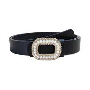 Elegante cintura nera da donna da 2,8 cm con fibbia decorata con perle e strass