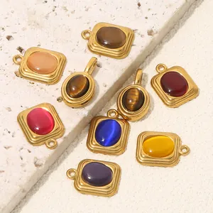 Oval natural stone pendants with gold stainless steel frames for DIY jewelry necklaces