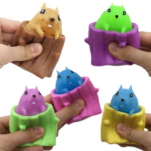 Squeeze squirrel cup stress relief toy set featuring five colorful pop-up animal figures
